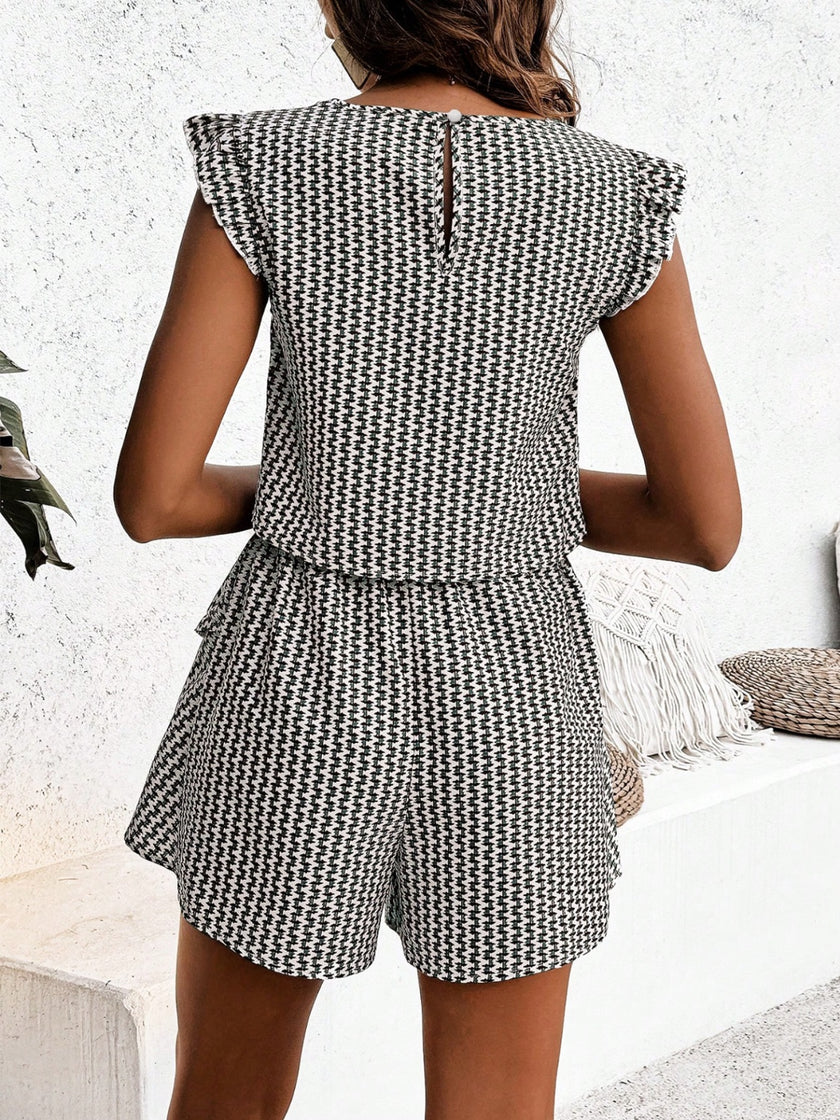 Printed Round Neck Top and Layered Shorts Set - QuaintQuest Fashion
