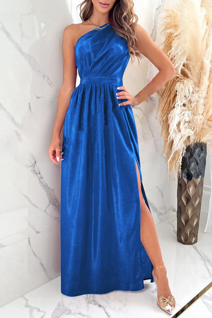 One Shoulder Slit Ruched Maxi Dress