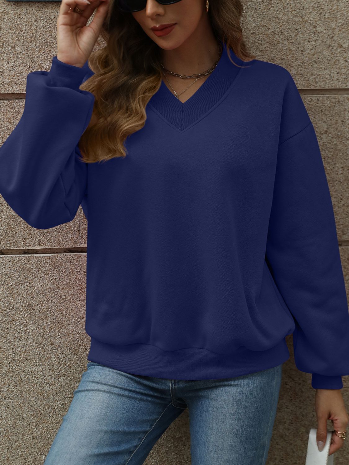 V-Neck Long Sleeve Dropped Shoulder Sweater