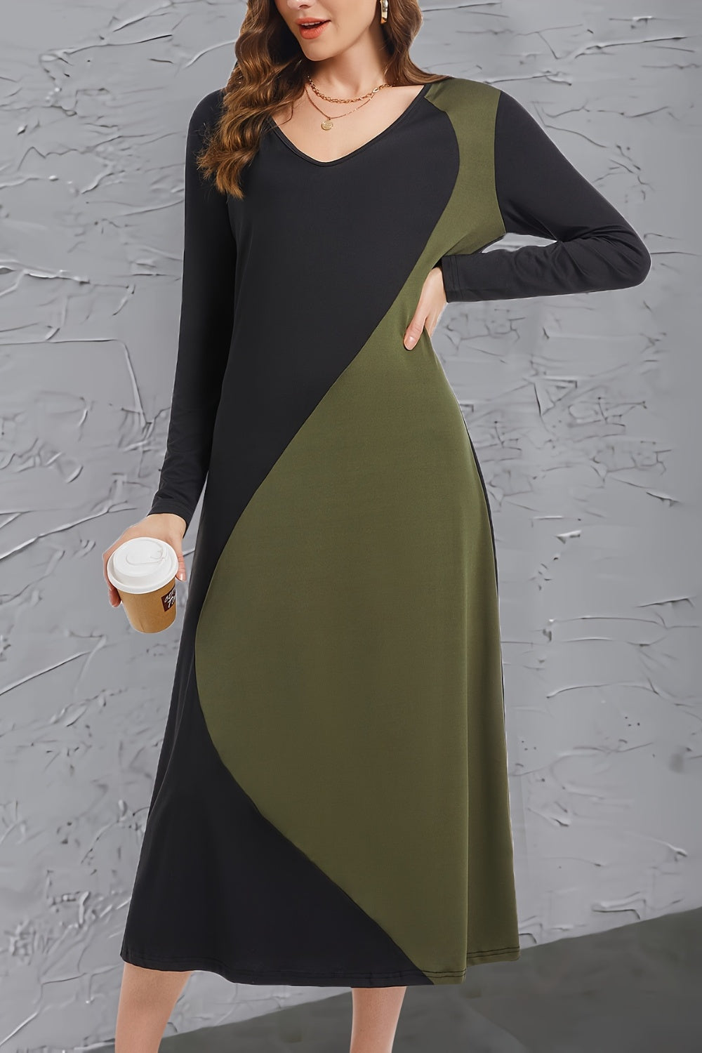 Contrast Long Sleeve Midi Dress