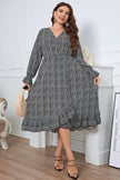 Honey Melo Apparel Plus Size Printed V-Neck Flounce Sleeve Midi Dress