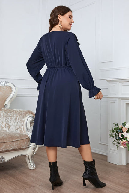 Honey Melo Apparel Plus Size V-Neck Buttoned Flounce Sleeve Dress