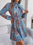 Pleated Printed Tie Neck Long Sleeve Mini Dress