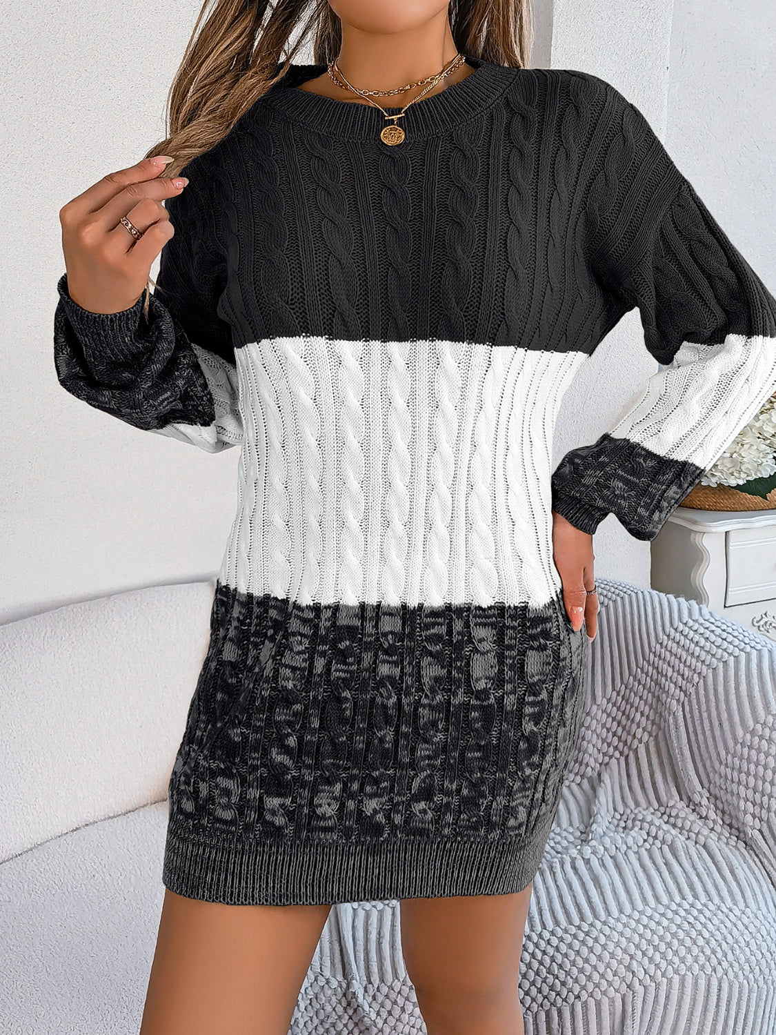 Cable-Knit Round Neck Color Block Sweater Mini  Dress