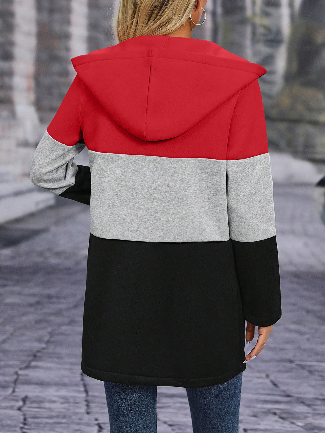 Color Block Zip Up Long Sleeve Hooded Jacket