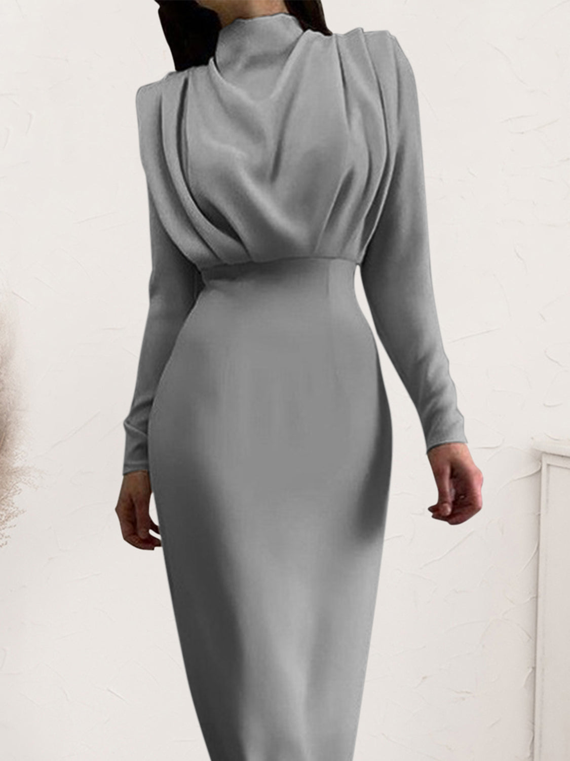 Ruched Turtleneck Long Sleeve Maxi Dress