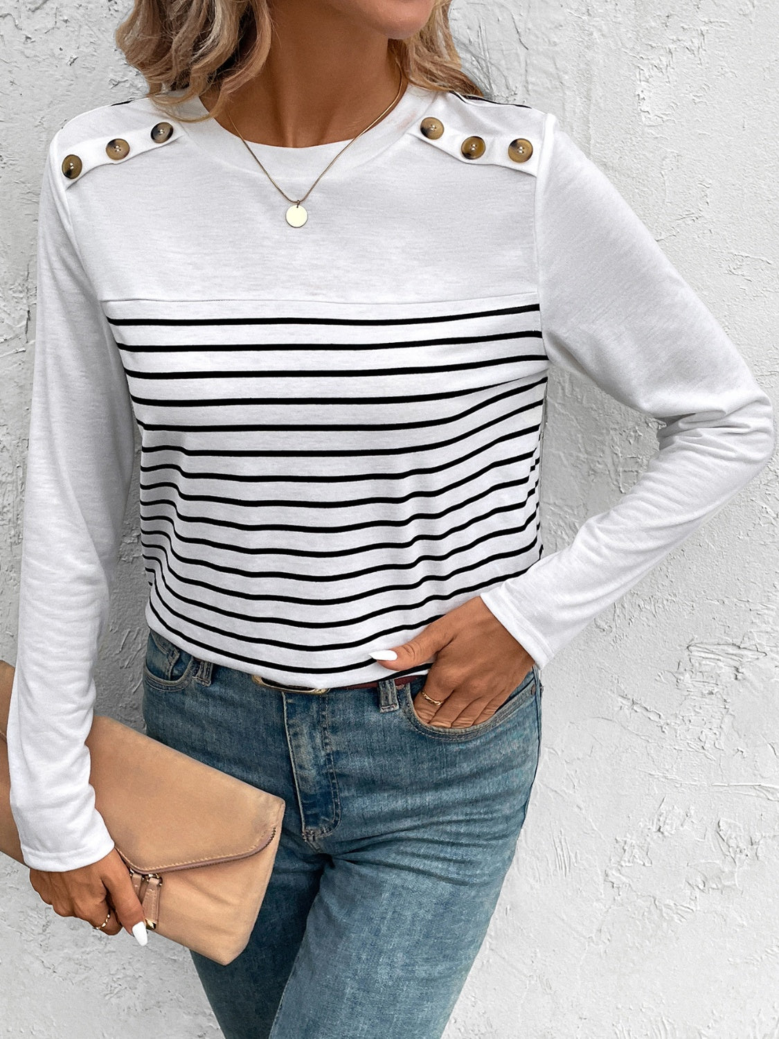 Decorative Button Striped Round Neck Long Sleeve Sweater