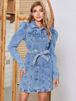 Tied Button Up Collared Neck Denim Mini Dress