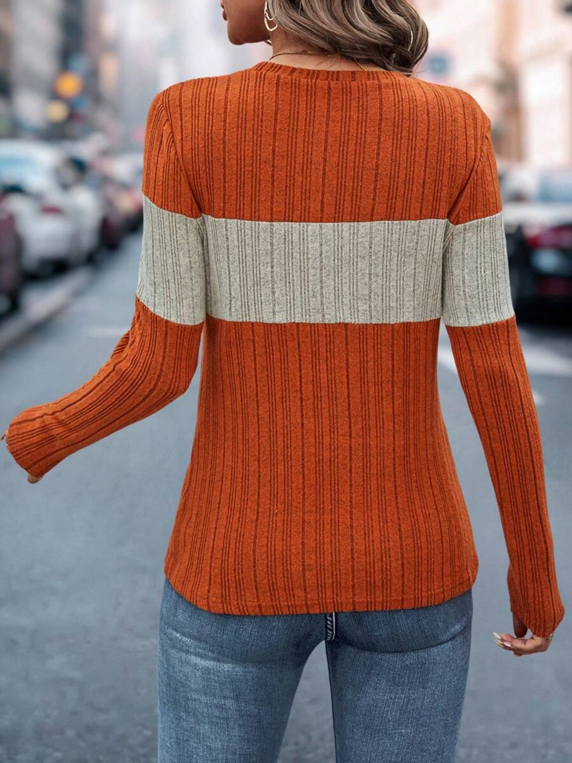 Color Block Round Neck Long Sleeve T-Shirt