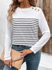 Decorative Button Striped Round Neck Long Sleeve Sweater