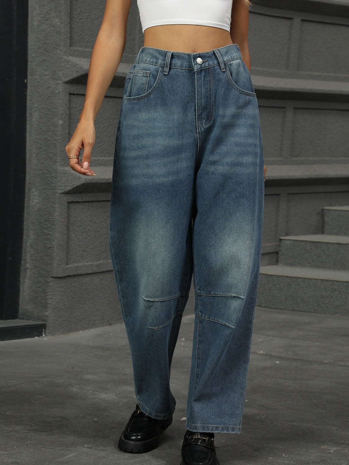 Half Elastic Waist Straight Leg Jeans