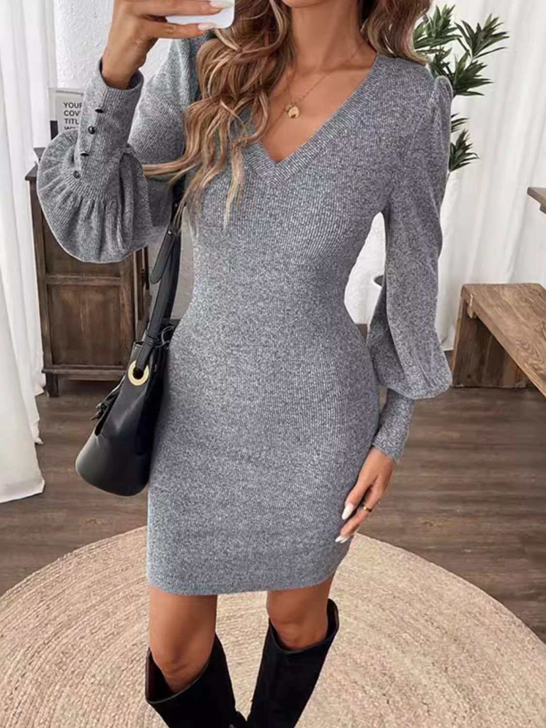 V-Neck Lantern Sleeve Mini Dress