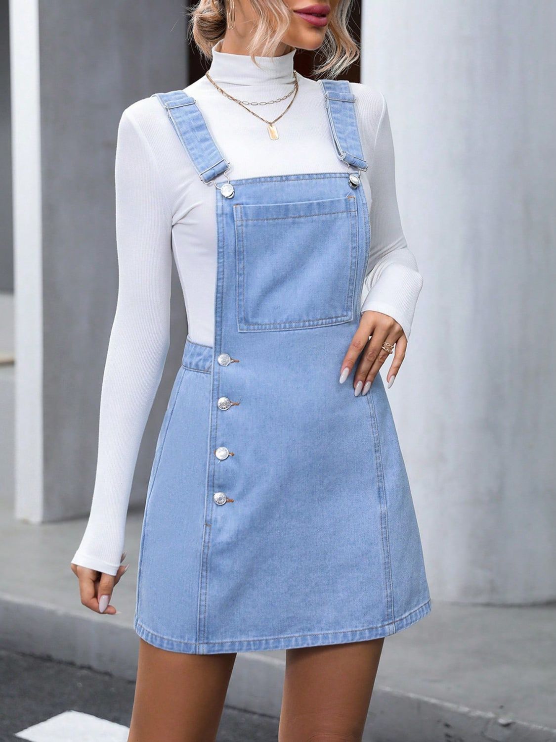 Wide Strap Denim Overall Mini Dress