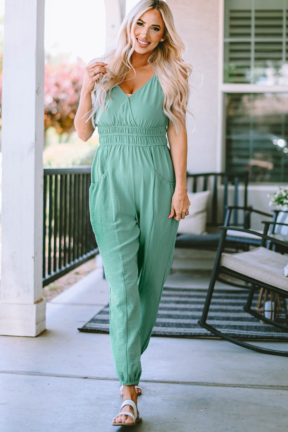 Spaghetti Strap V-Neck Jumpsuit with Pockets