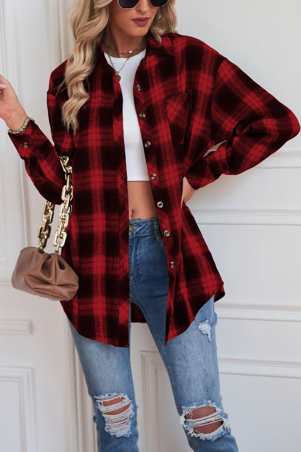 Plaid Button Up Dropped Shoulder Shirt