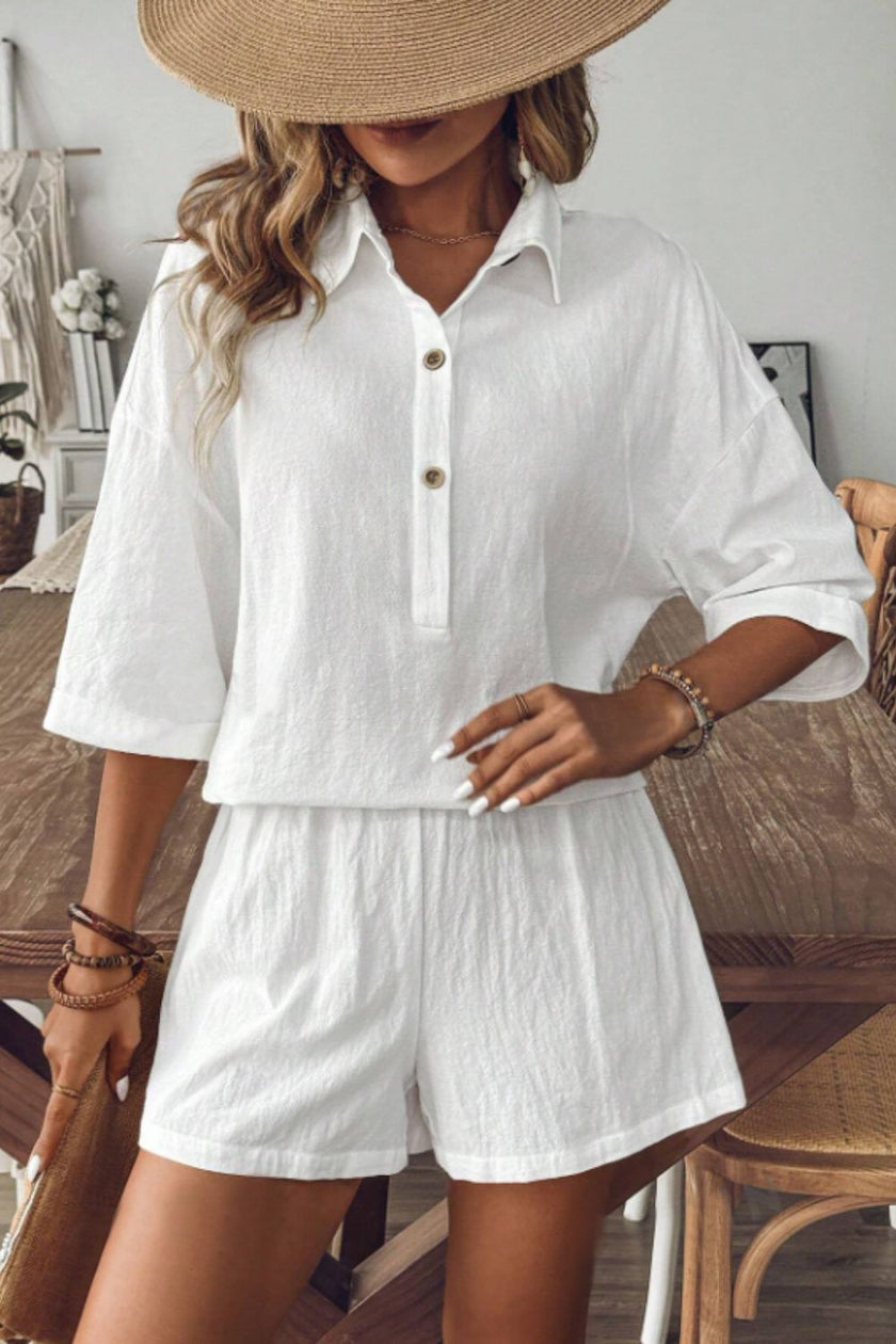 Collared Neck Half Sleeve Top and Shorts Set - QuaintQuest Fashion