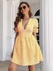 Decorative Button Plaid Short Sleeve Mini Dress