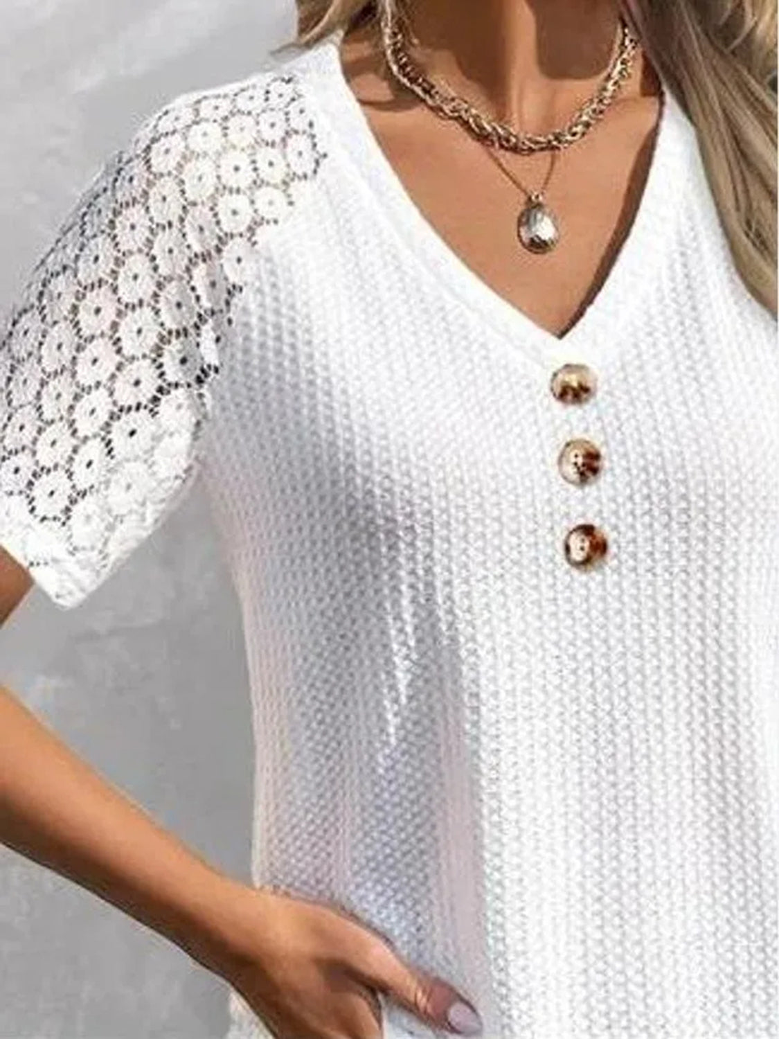 Waffle-Knit V-Neck Short Sleeve Blouse