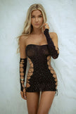 Yelete Rhinestone Lace Up Body Stocking with Gloves