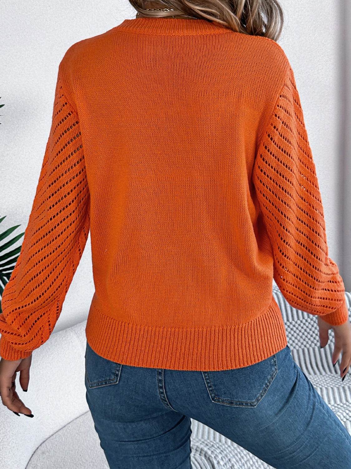 Openwork Round Neck Long Sleeve Knit Sweater