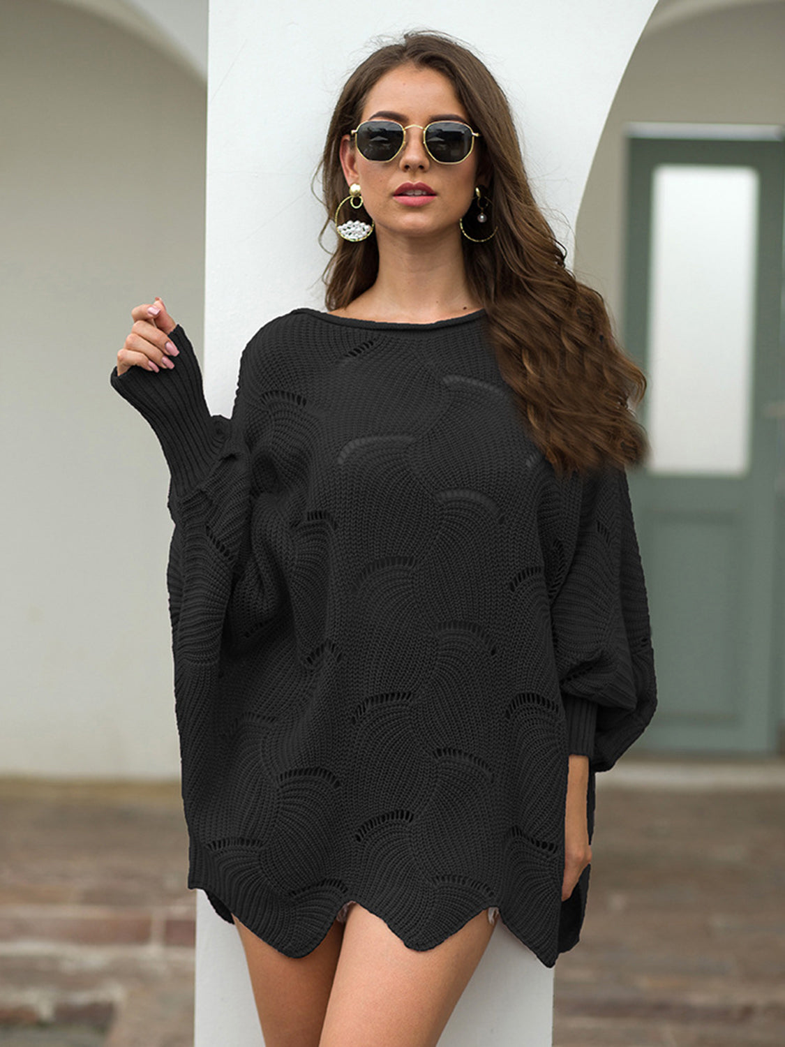 Full Size Boat Neck Lantern Sleeve Openwork Knit Sweater