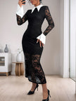 Perfee Lace Contrast Collared Neck Long Sleeve Midi Dress