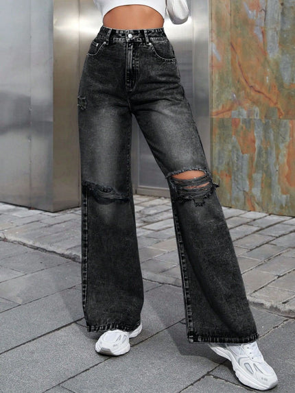 Distressed Wide Leg Jeans with Pockets