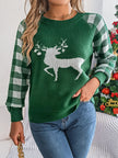 Reindeer Plaid Round Neck Long Sleeve Sweater