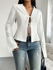 Devine Slit Tied Collared Neck Long Sleeve Blouse