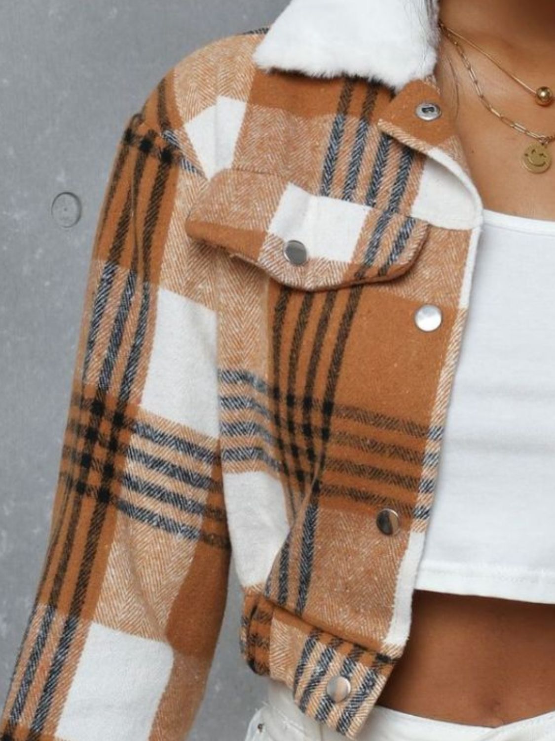 Plaid Snap Down Collared Neck Cropped Jacket