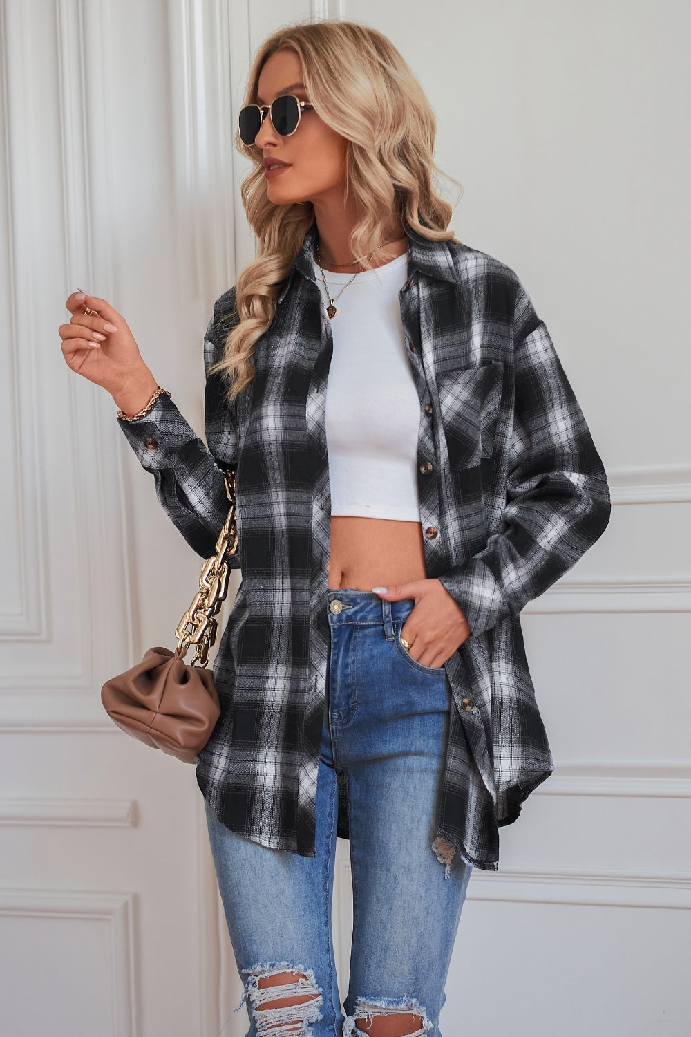 Plaid Button Up Dropped Shoulder Shirt