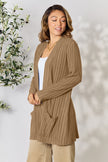 Full Size Ribbed Open Front Cardigan with Pockets