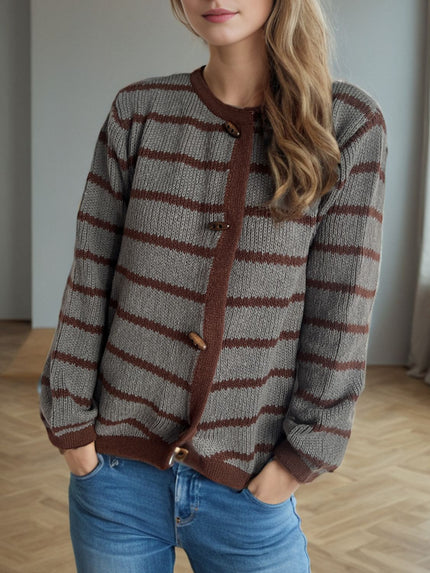 Striped Round Neck Long Sleeve Cardigan