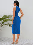 Slit Ruched Mock Neck Sleeveless Midi Dress