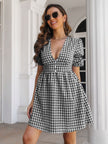 Decorative Button Plaid Short Sleeve Mini Dress