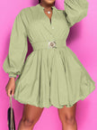 Notched Button Up Balloon Sleeves Mini Dress