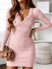 V-Neck Long Sleeve Ribbed Mini Dress