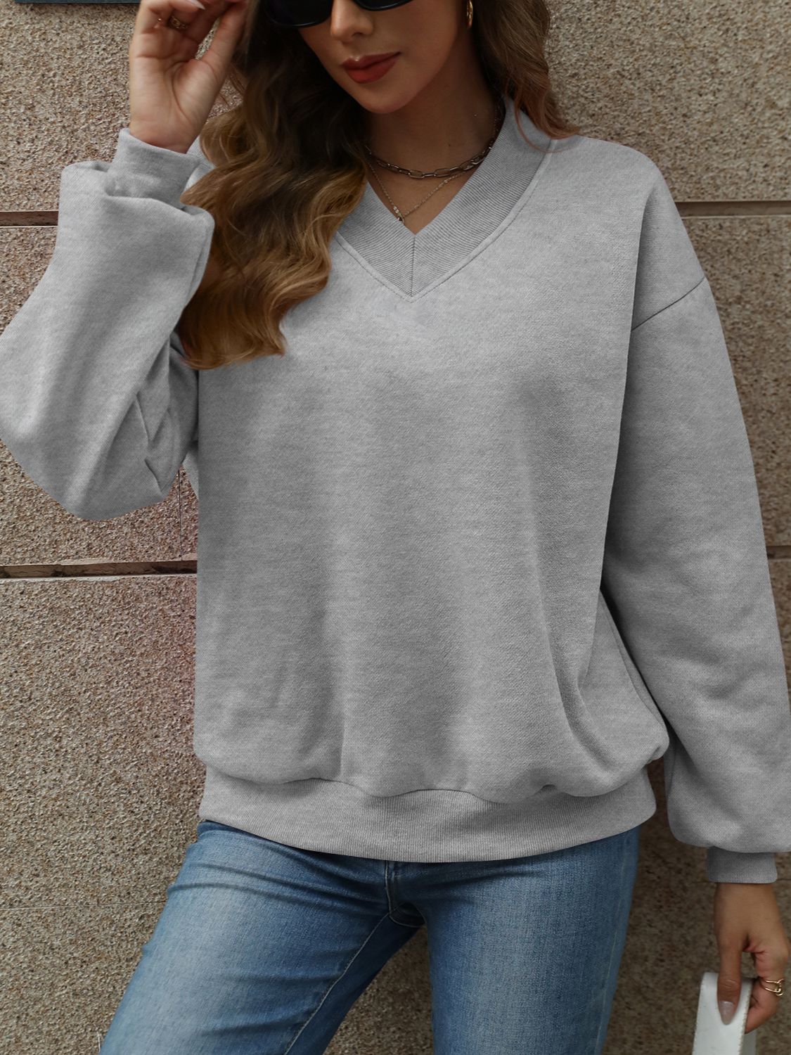 V-Neck Long Sleeve Dropped Shoulder Sweater