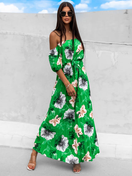 Pleated Floral Off-Shoulder Short Sleeve Maxi Dress