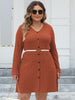 Plus Size Ribbed Buttoned V-Neck Long Sleeve Dress