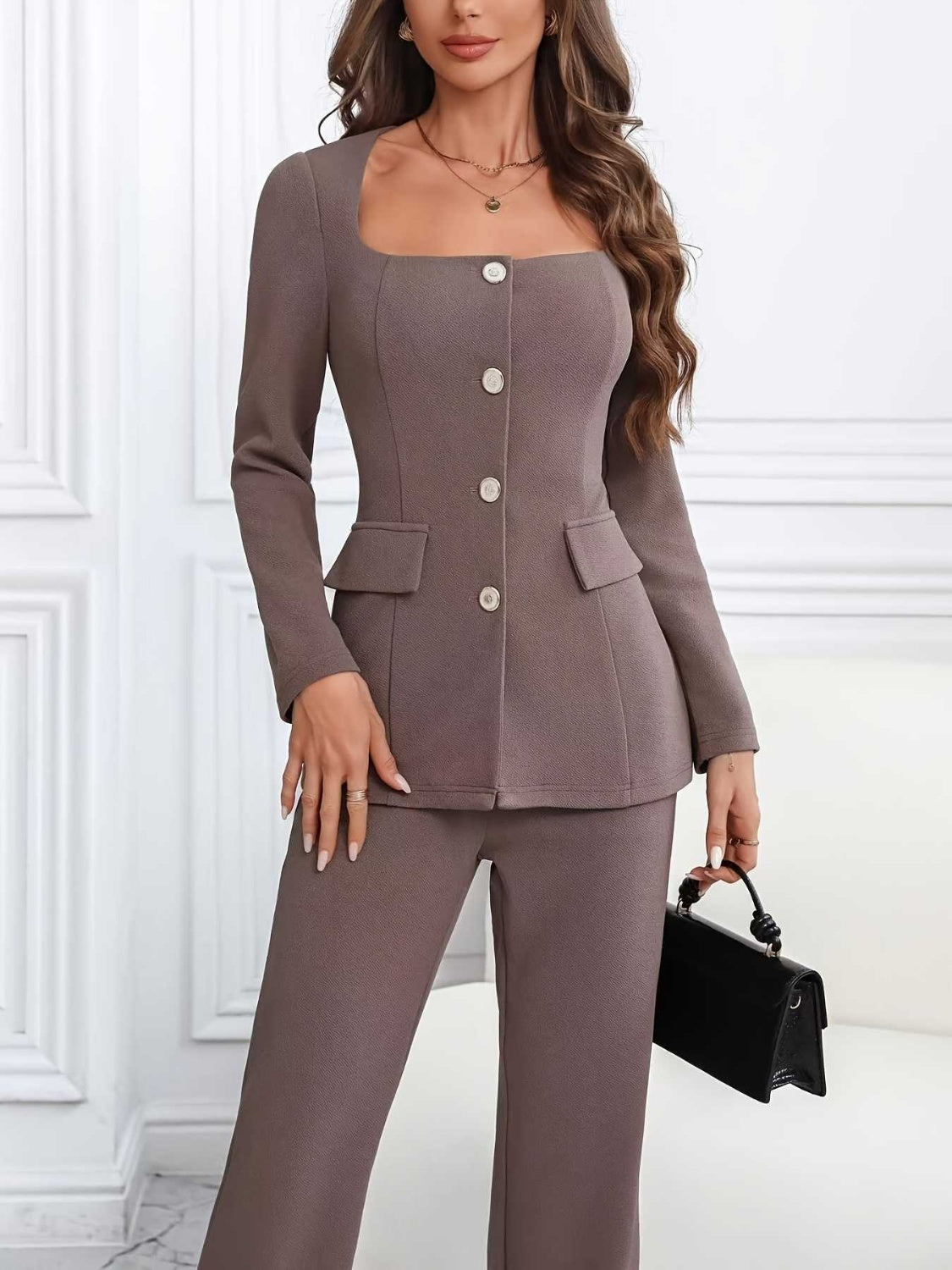 Square Neck Button Up Blazer and Pants Set