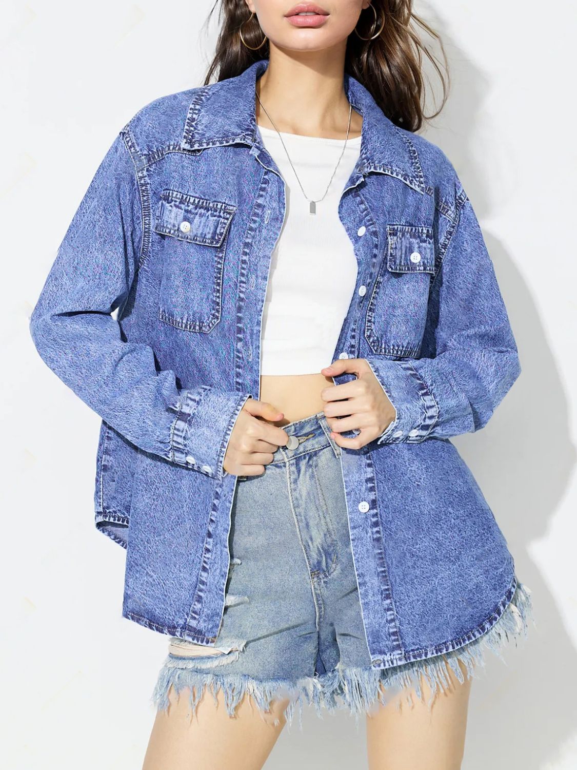 Curved Hem Collared Neck Denim Shirt