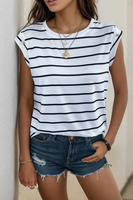 Perfee Decorative Button Round Neck T-Shirt