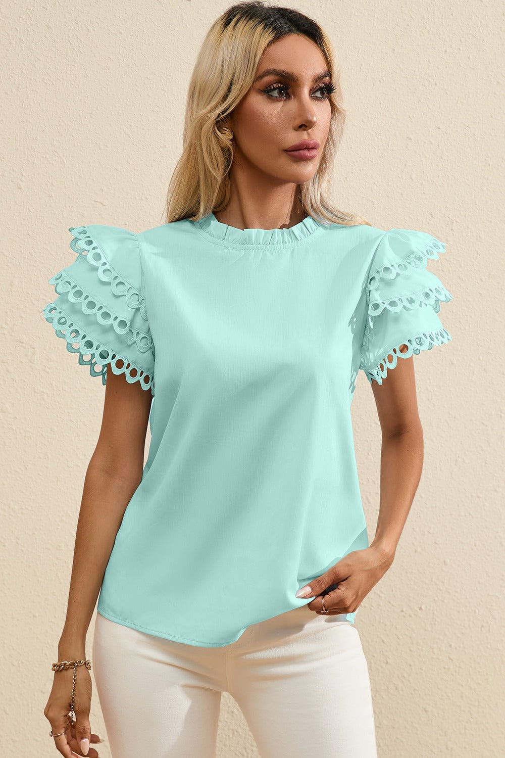 Ruffled Eyelet Round Neck Cap Sleeve Blouse