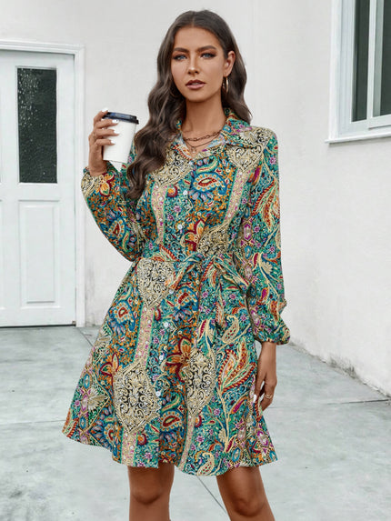 Printed Collared Neck Long Sleeve Mini Dress