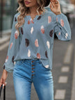 Feather Print Notched Balloon Sleeve Blouse