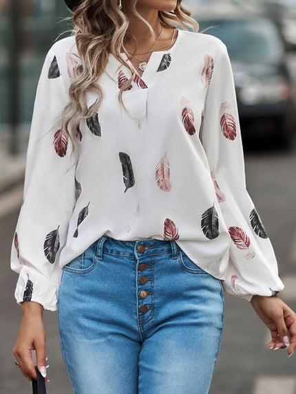 Feather Print Notched Balloon Sleeve Blouse