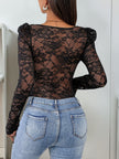 Perfee Sweetheart Neck Long Sleeve Lace Bodysuit