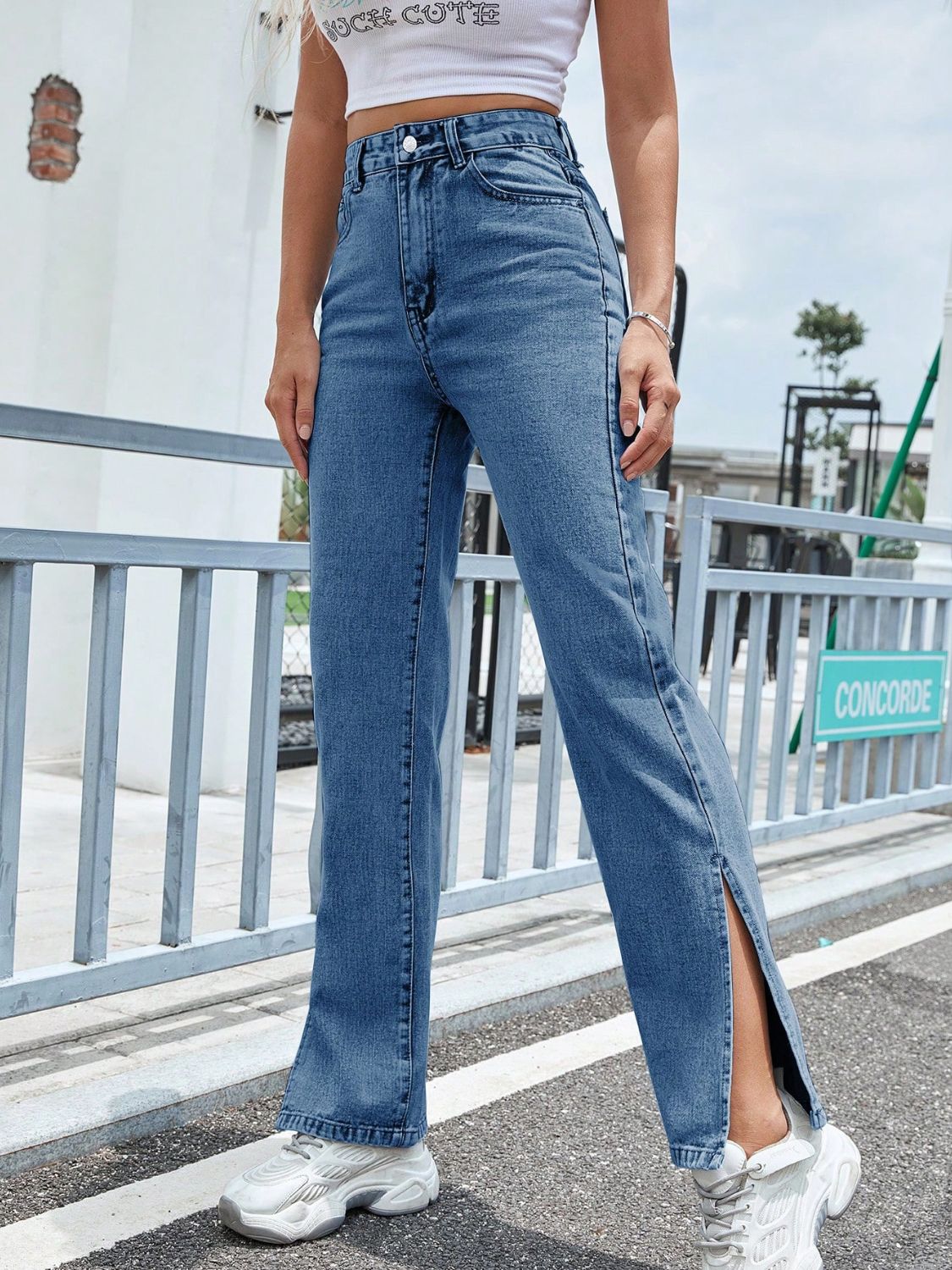 Slit High Waist Jeans with Pockets