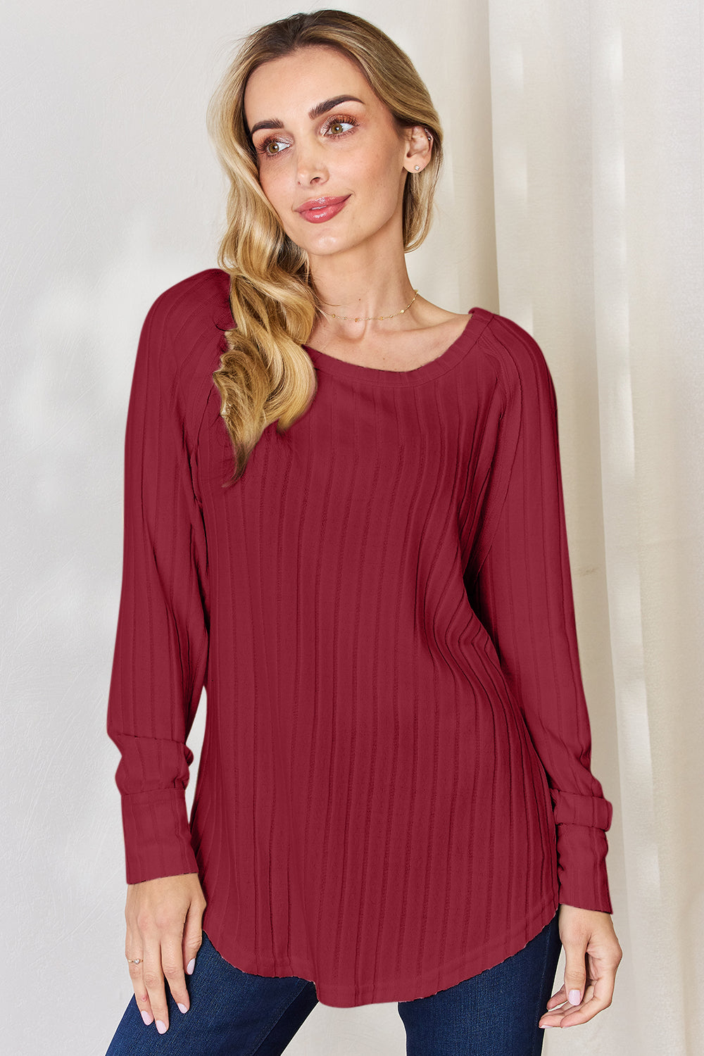 Bae Full Size Ribbed Round Neck Slit T-Shirt